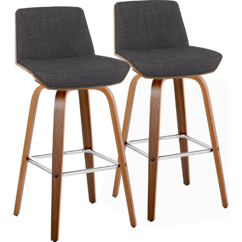 Corazza 30" Swivel Bar Stool in Walnut Wood & Charcoal Fabric w/ Chrome Footrest (Set of 2)